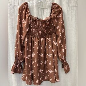 J for Justify/ NWT/ Floral Brown Smocked Women's Top/ L